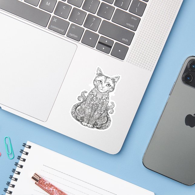 Doodle art cute cat sticker (Laptop w/ iPhone)