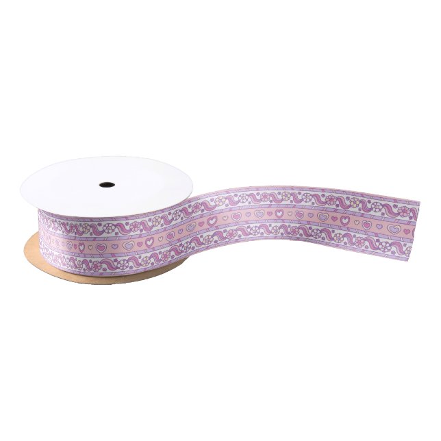 Doodle art hearts flower patterned pastel purple satin ribbon (Spool)