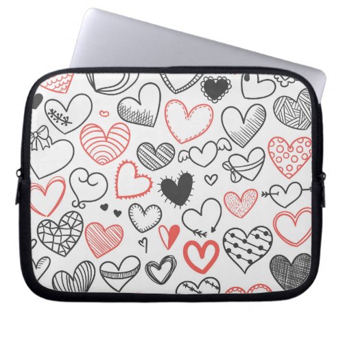 Doodle art hearts red and black hipster valentine laptop sleeve