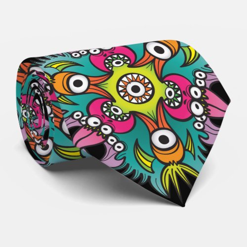 Doodle art showing hungry monsters going crazy neck tie