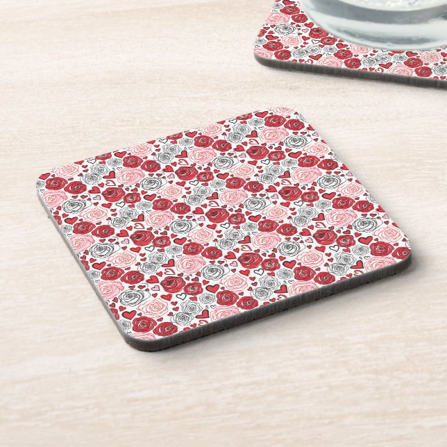 Doodle Art Style Red Pink Roses Hearts Valentine's Beverage Coaster (Left Side)