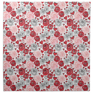 Doodle Art Style Red Pink Roses Hearts Valentine's Cloth Napkin