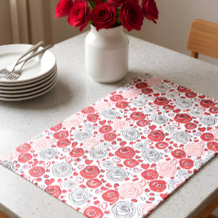 Doodle Art Style Red Pink Roses Hearts Valentine's Cloth Placemat