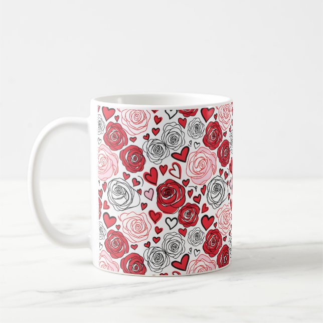 Doodle Art Style Red Pink Roses Hearts Valentine's Coffee Mug (Left)