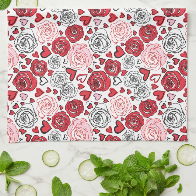 Doodle Art Style Red Pink Roses Hearts Valentine's Kitchen Towel (Folded)