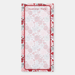 Doodle Art Style Red Pink Roses Hearts Valentine's Magnetic Notepad