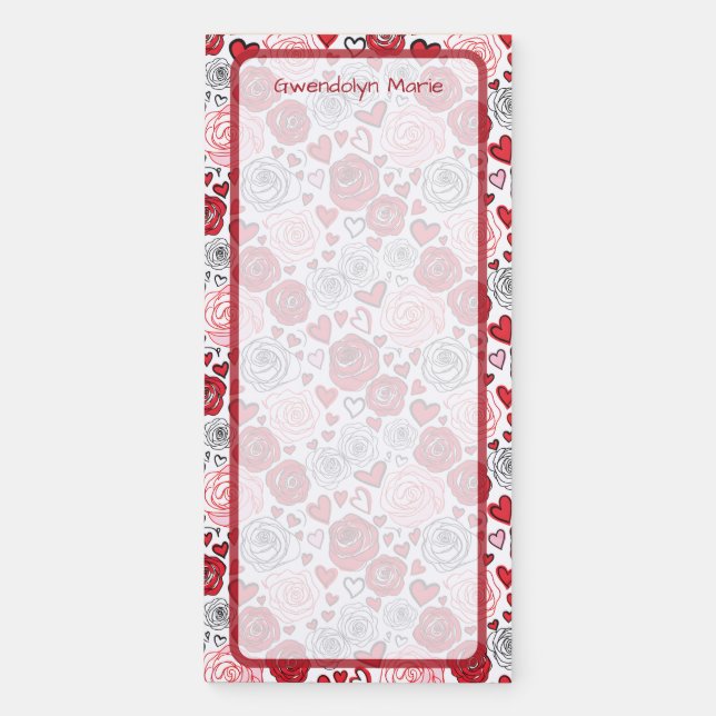 Doodle Art Style Red Pink Roses Hearts Valentine's Magnetic Notepad (Front)