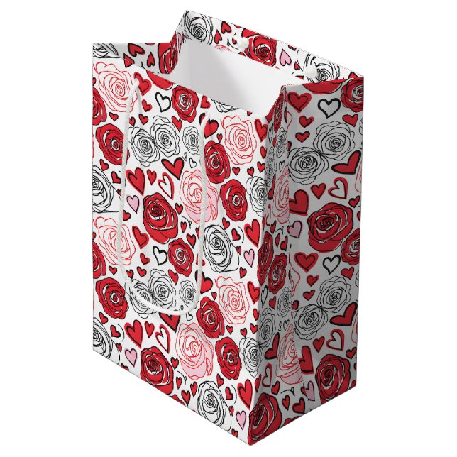 Doodle Art Style Red Pink Roses Hearts Valentine's Medium Gift Bag (Front Angled)