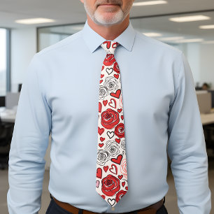 Doodle Art Style Red Pink Roses Hearts Valentine's Neck Tie