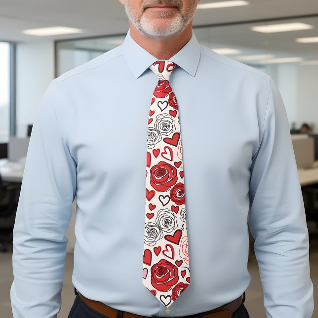 Doodle Art Style Red Pink Roses Hearts Valentine's Neck Tie (Creator Uploaded)