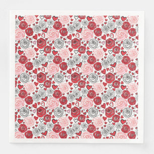Doodle Art Style Red Pink Roses Hearts Valentine's Paper Dinner Napkins