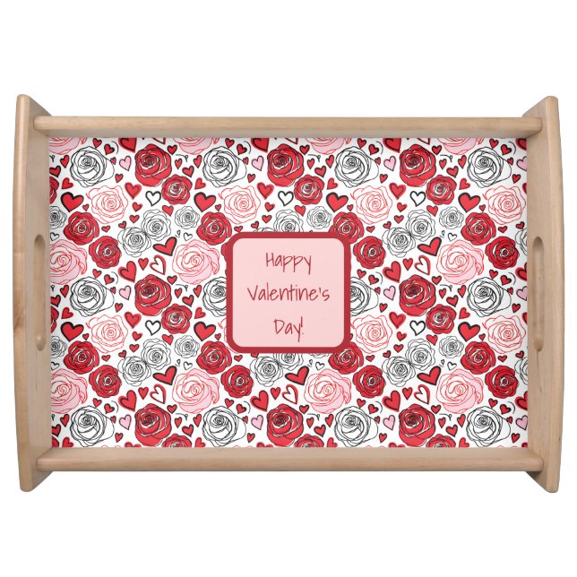 Doodle Art Style Red Pink Roses Hearts Valentine's Serving Tray (Front)