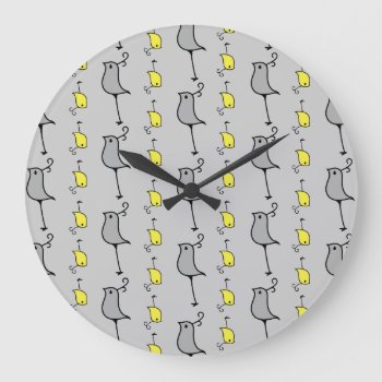 Doodle Birds  Grey And Yellow Large Clock by googolperplexd at Zazzle