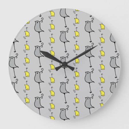 Doodle Birds, Grey And Yellow Large Clock