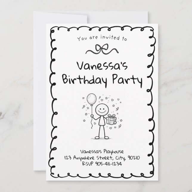 Doodle Birthday Invitation- Stick Figure Invite (Front)