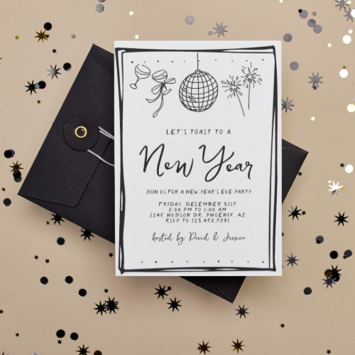 Doodle Black and White New Years Eve Party Invitation