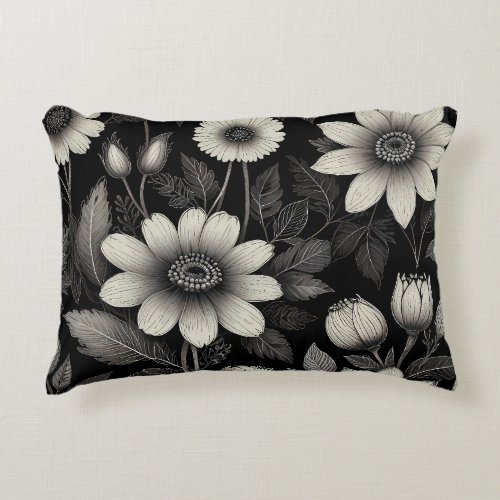 Doodle Black  White flowers graphic illustration  Accent Pillow