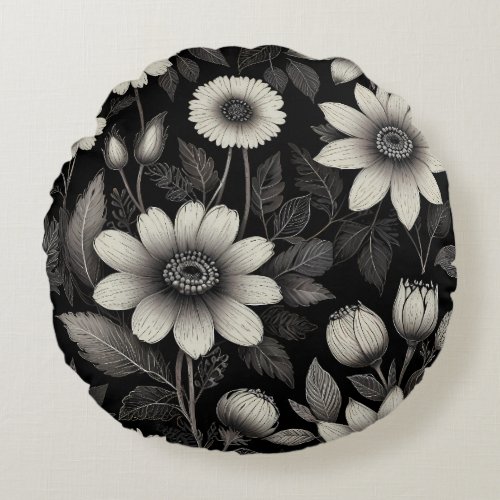 Doodle Black  White flowers graphic illustration  Round Pillow