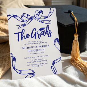 Doodle Blue Bow Joint Graduation Party Invitation