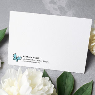 DOODLE BLUE BUTTERFLY WHIMSICAL MONOGRAM NOTE CARD