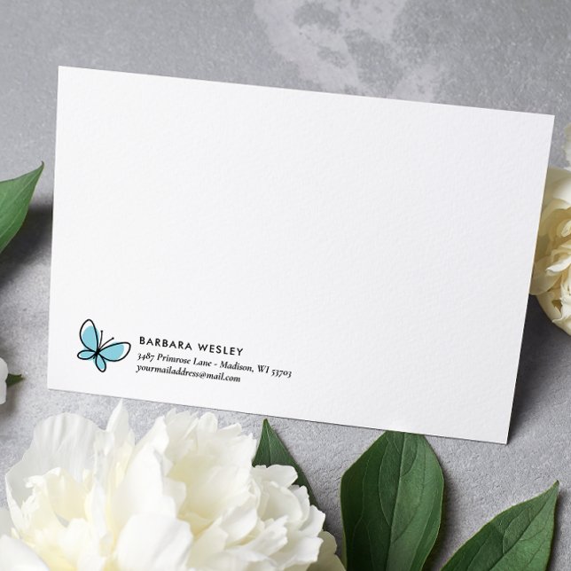 DOODLE BLUE BUTTERFLY WHIMSICAL MONOGRAM NOTE CARD (Creator Uploaded)