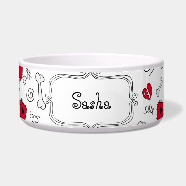Doodle Bones and Hearts personalized pet bowl (Front)