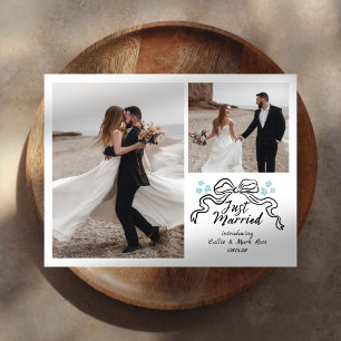 Doodle Bow Flowers Just Married Wedding Photo Announcement Postcard