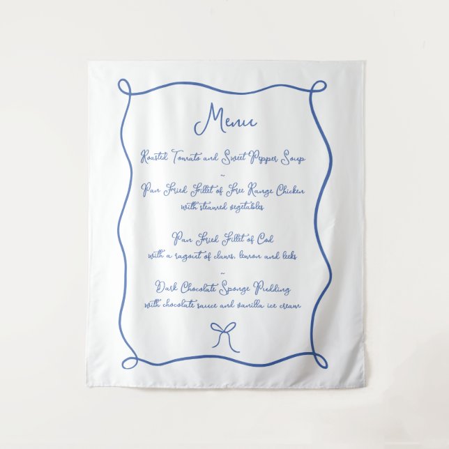 Doodle Bow French Blue Fabric Wedding Menu Tapestry (Front)