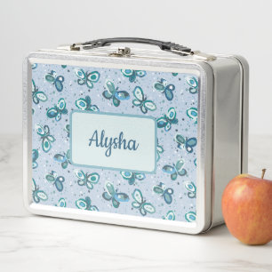 Doodle Bugs Butterflies - blue - kids pattern. Metal Lunch Box