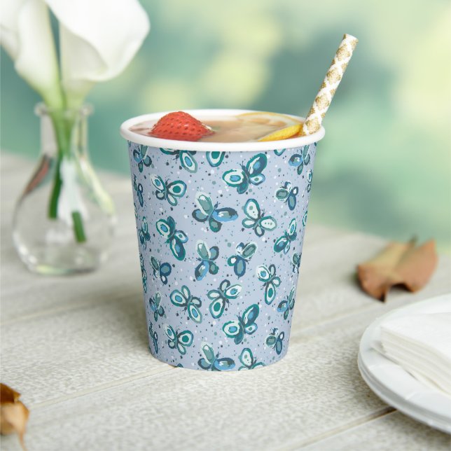 Doodle Bugs Butterflies - blue - seamless pattern. Paper Cups (Insitu)