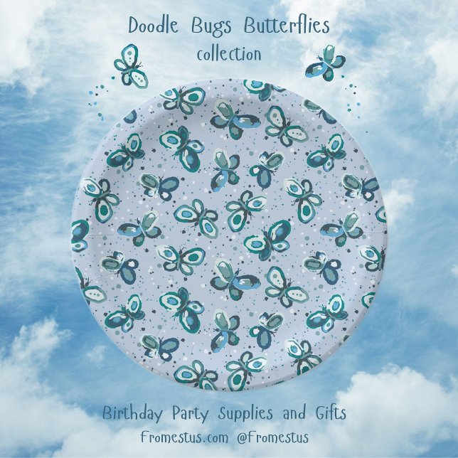Doodle Bugs Butterflies - blue - seamless pattern. Paper Plates (Creator Uploaded)
