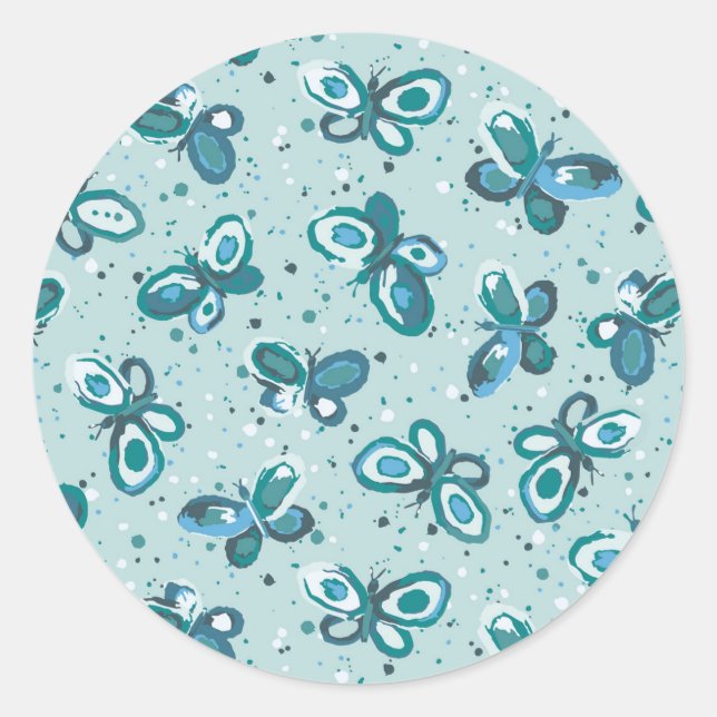 Doodle Bugs Butterflies - turquoise - pattern. Classic Round Sticker (Front)