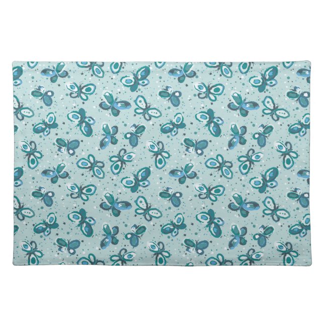 Doodle Bugs Butterflies - turquoise - pattern. Cloth Placemat (Front)