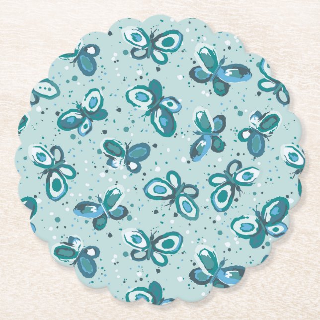 Doodle Bugs Butterflies - turquoise - pattern. Paper Coaster (Front)