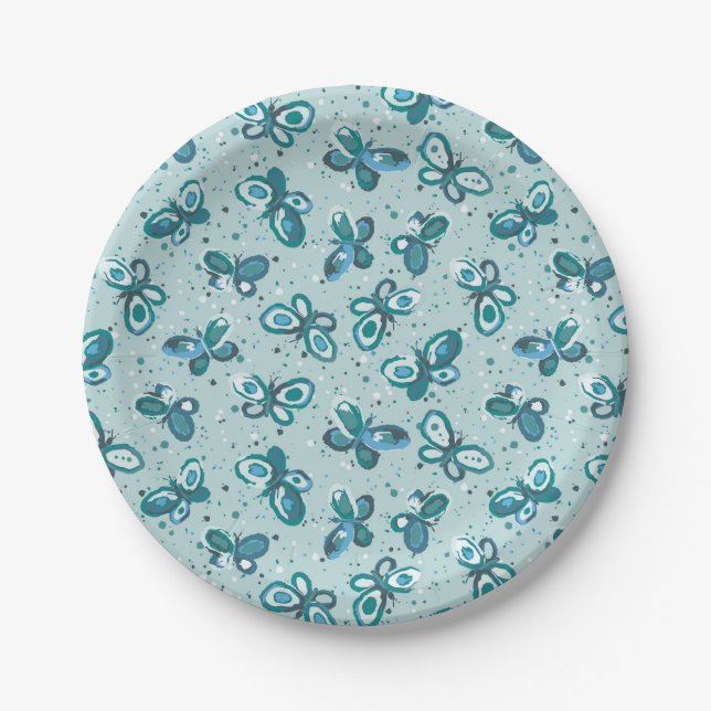 Doodle Bugs Butterflies - turquoise - pattern. Paper Plates (Front)