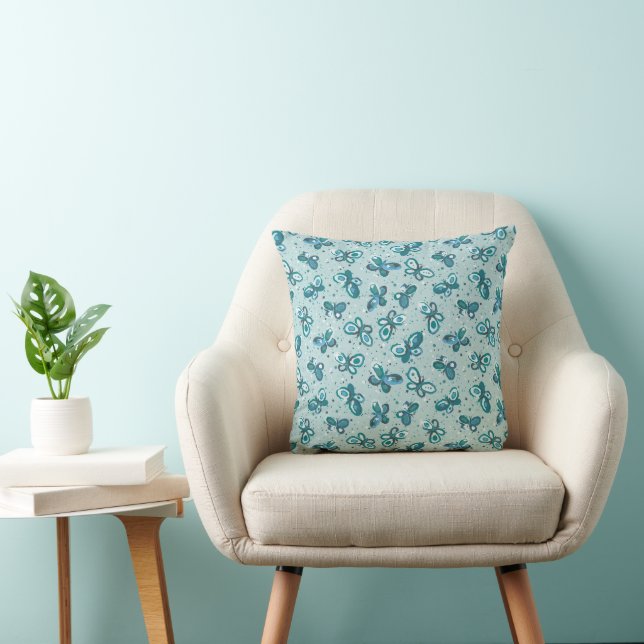 Doodle Bugs Butterflies - turquoise - pattern. Throw Pillow (Chair)