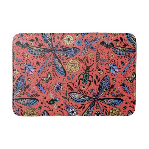 Doodle bugs on coral red bath mat