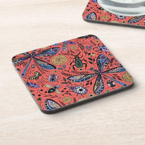 Doodle bugs on coral red beverage coaster