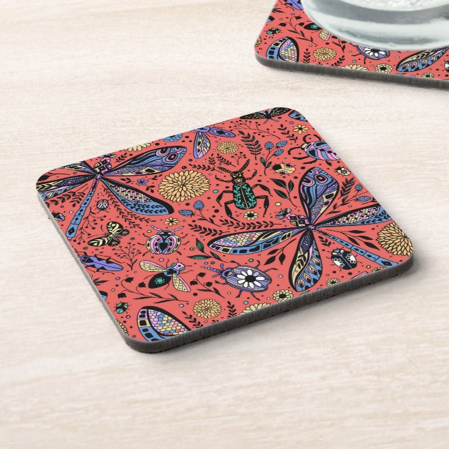 Doodle bugs on coral red beverage coaster (Left Side)
