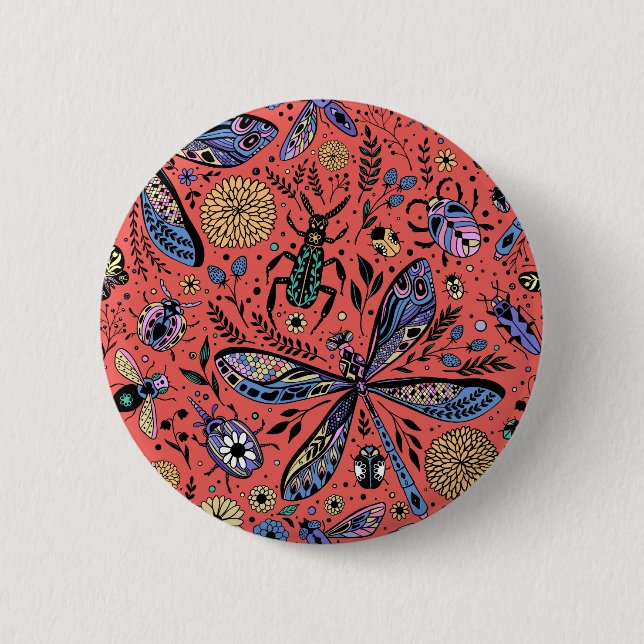 Doodle bugs on coral red button (Front)