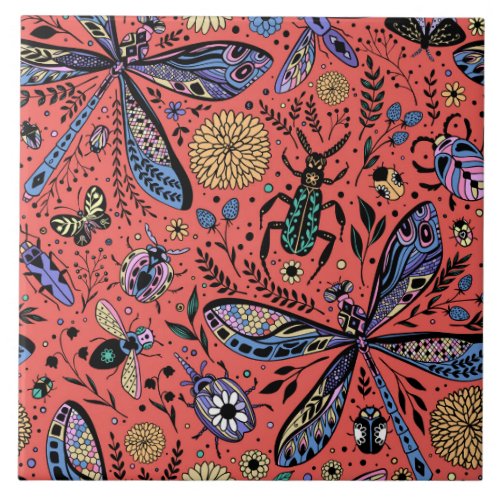 Doodle bugs on coral red ceramic tile