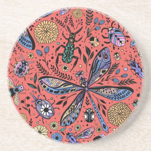 Doodle bugs on coral red coaster