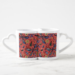 Doodle bugs on coral red coffee mug set