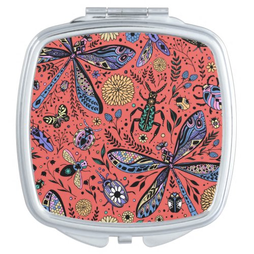 Doodle bugs on coral red compact mirror