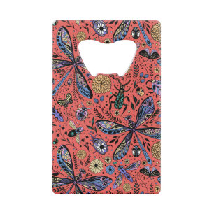 Doodle bugs on coral red credit card bottle opener