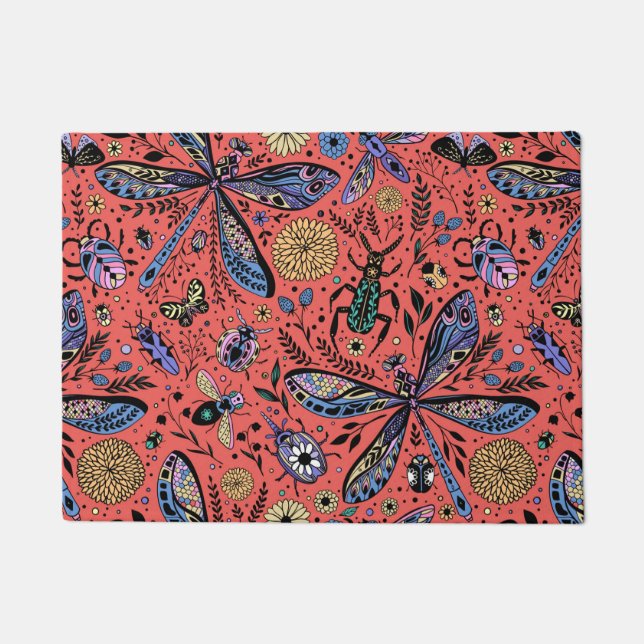 Doodle bugs on coral red doormat (Front)