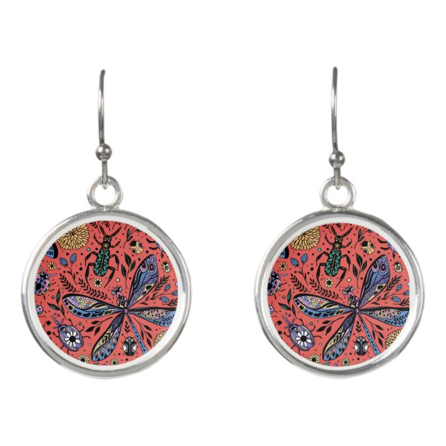 Doodle bugs on coral red earrings (Front)