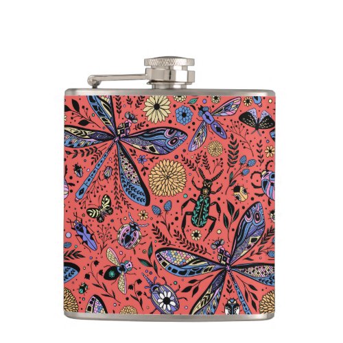 Doodle bugs on coral red flask