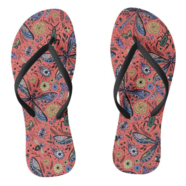 Doodle bugs on coral red flip flops (Footbed)