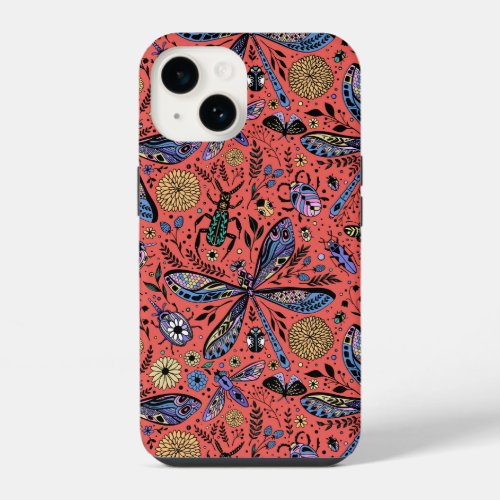 Doodle bugs on coral red iPhone 14 case